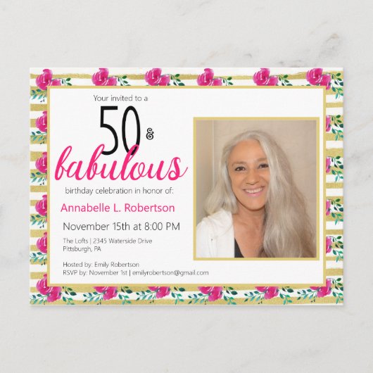 Invitation Carte Postale 50 & Fabuleux Anniversaire Or rose Floral (Devant)