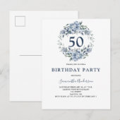 Invitation Carte Postale 50e anniversaire Aquarelle bleue florale (Devant / Derrière)