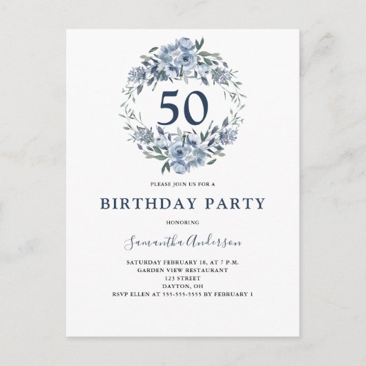 Invitation Carte Postale 50e anniversaire Aquarelle bleue florale (Devant)
