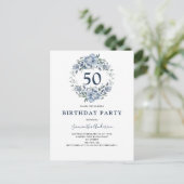 Invitation Carte Postale 50e anniversaire Aquarelle bleue florale (Debout devant)