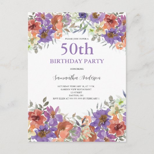 Invitation Carte Postale 50e anniversaire aquarelle Floral (Devant)