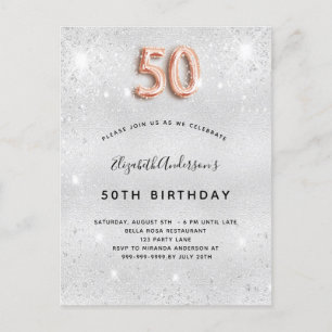 Invitation Carte Postale 50e anniversaire argent métal rose or parties scin