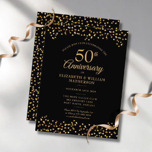 Invitation Carte Postale 50e Anniversaire de Mariage Cœurs Noir Or