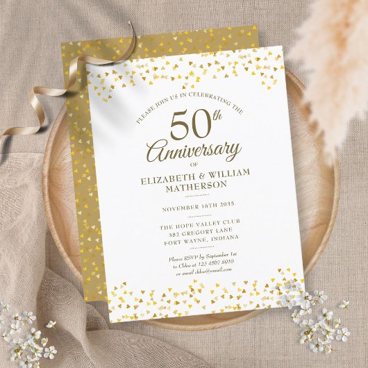 Invitation Carte Postale 50e Anniversaire de Mariage Confettis de coeurs en