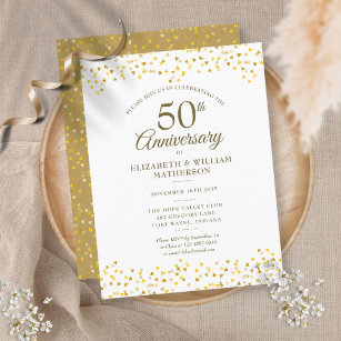 Invitation Carte Postale 50e anniversaire de Mariage Gold Hearts Confetti