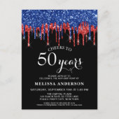 Invitation Carte Postale 50e Anniversaire Élégant Bleu Rouge Noir Paillette (Devant)