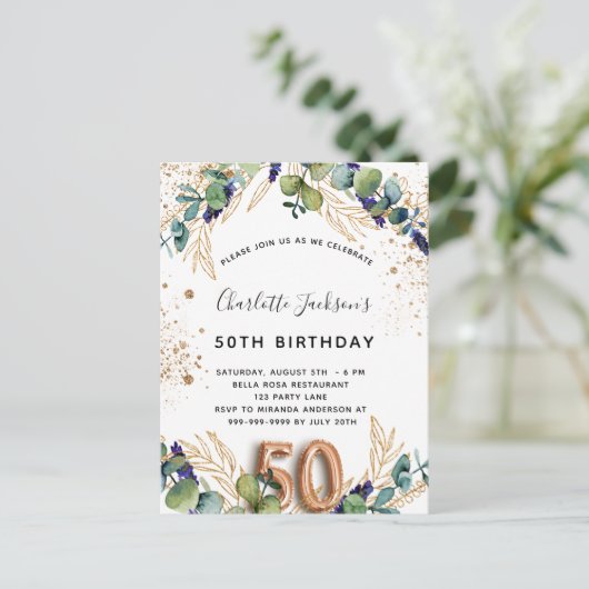 Invitation Carte Postale 50e anniversaire eucalyptus parties scintillant ve (Debout devant)