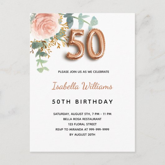 Invitation Carte Postale 50e anniversaire fleurie rose or eucalyptus vert (Devant)