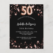 Invitation Carte Postale 50e anniversaire noir rose étoiles d'or (Devant)