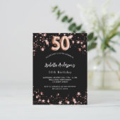 Invitation Carte Postale 50e anniversaire noir rose étoiles d'or (Debout devant)