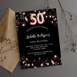 Invitation Carte Postale 50e anniversaire noir rose étoiles d'or