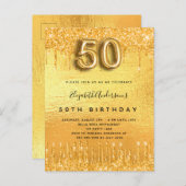 Invitation Carte Postale 50e anniversaire parties scintillant or gouttes (Devant / Derrière)