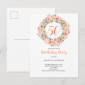 Invitation Carte Postale 50e Anniversaire Pêche Aquarelle Florale (Devant / Derrière)