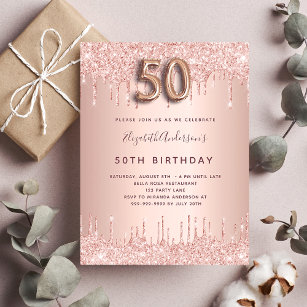 Invitation Carte Postale 50e anniversaire rose or parties scintillant rose 