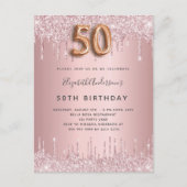 Invitation Carte Postale 50e anniversaire rose poussiéreux parties scintill (Devant)