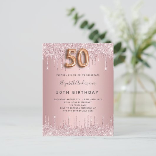 Invitation Carte Postale 50e anniversaire rose poussiéreux parties scintill (Debout devant)