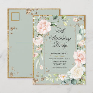 Invitation Carte Postale 50e anniversaire Sage Vert or Aquarelle