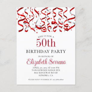 Invitation Carte Postale 50e fête d'anniversaire Red Streamers Confetti