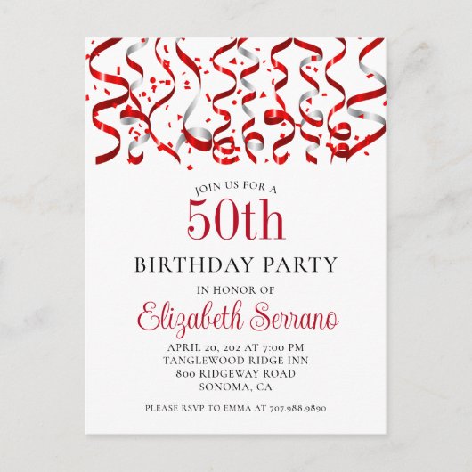 Invitation Carte Postale 50e fête d'anniversaire Red Streamers Confetti (Devant)