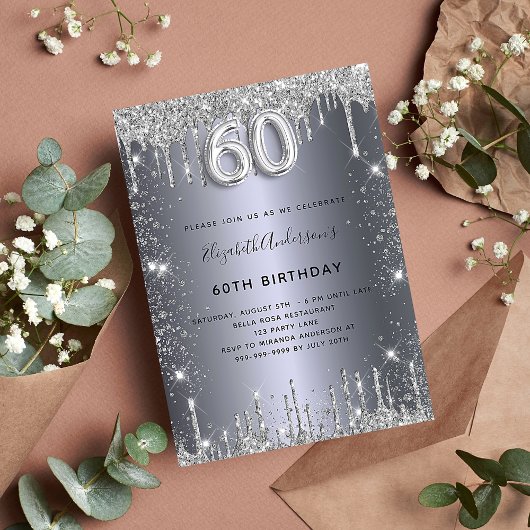 Invitation Carte Postale 60e anniversaire argent gouttes de parties scintil
