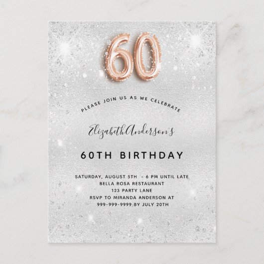 Invitation Carte Postale 60e anniversaire argent rose parties scintillant o (Devant)