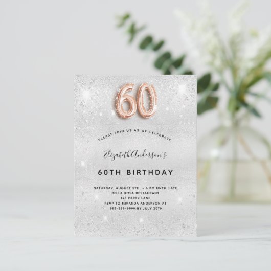 Invitation Carte Postale 60e anniversaire argent rose parties scintillant o (Debout devant)