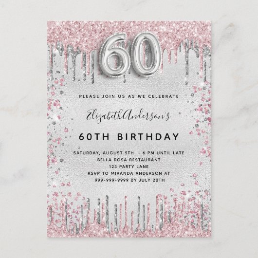 Invitation Carte Postale 60e anniversaire argent rose parties scintillant p (Devant)