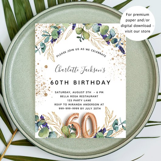 Invitation Carte Postale 60e anniversaire eucalyptus parties scintillant ve