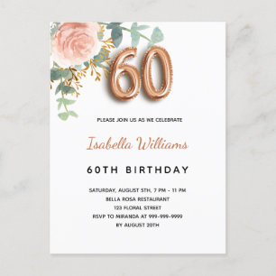 Invitation Carte Postale 60e anniversaire fleuri rose or eucalyptus vert