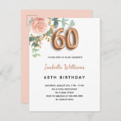 Invitation Carte Postale 60e anniversaire fleuri rose or eucalyptus vert (Devant / Derrière)