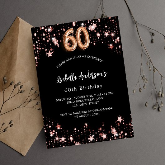 Invitation Carte Postale 60e anniversaire noir rose étoiles d'or
