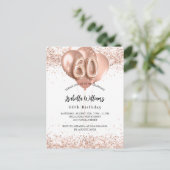 Invitation Carte Postale 60e anniversaire rose ballons d'or blanc (Debout devant)