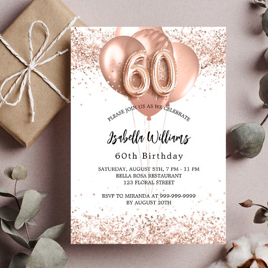 Invitation Carte Postale 60e anniversaire rose ballons d'or blanc