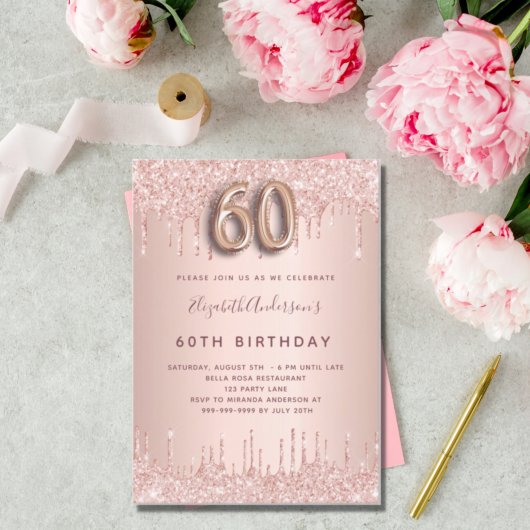 Invitation Carte Postale 60e anniversaire rose gouttes de parties scintilla