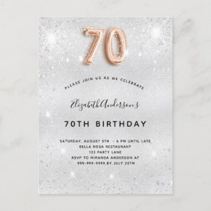Invitation Carte Postale 70e anniversaire argent métal rose or parties scin