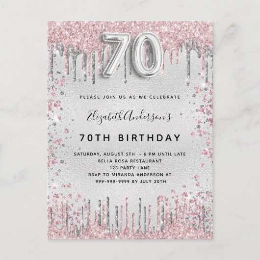 Invitation Carte Postale 70e anniversaire argent rose parties scintillant p (Devant)