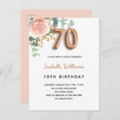 Invitation Carte Postale 70e anniversaire fleurie rose or eucalyptus vert (Devant / Derrière)