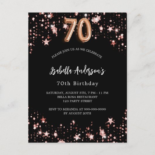 Invitation Carte Postale 70e anniversaire noir rose étoiles d'or (Devant)
