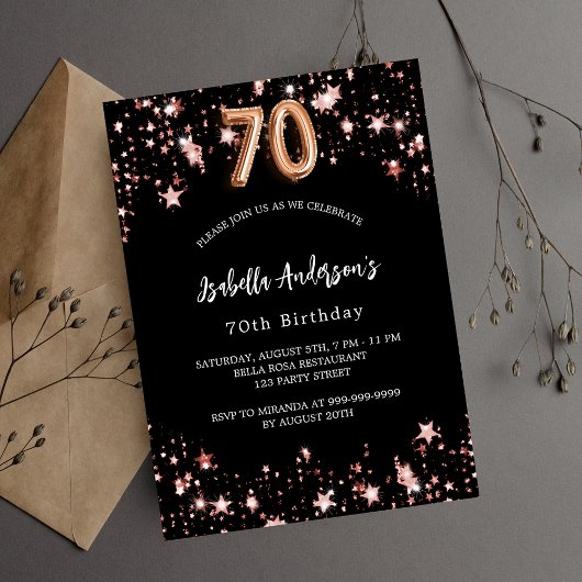 Invitation Carte Postale 70e anniversaire noir rose étoiles d'or