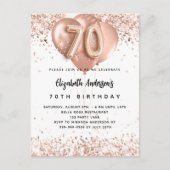 Invitation Carte Postale 70e anniversaire rose ballon d'or blanc éclat (Devant)