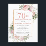 Invitation Carte Postale 70e anniversaire Surprise Party Rose rose Floral<br><div class="desc">Honorer une femme spéciale avec cette invitation élégante et féminine 70e anniversaire de fête. 70ème est écrit en gros texte rose. Suprise Birthday Party suit. Le nom de l'invité honoré est également en majuscules roses. Le reste du texte est doucement gris colombe. Les détails de la fête d'anniversaire sont entourés...</div>