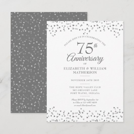 Invitation Carte Postale 75e anniversaire de Mariage Amour Coeurs Confetti (Devant / Derrière)