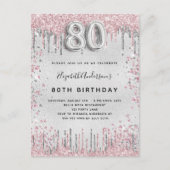Invitation Carte Postale 80e anniversaire argent rose parties scintillant p (Devant)