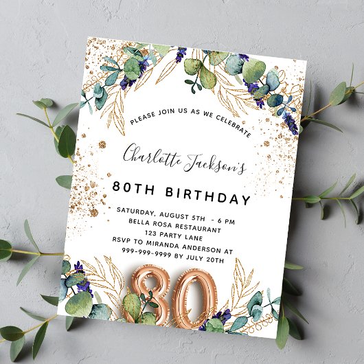 Invitation Carte Postale 80e anniversaire eucalyptus parties scintillant ve