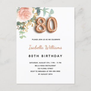 Invitation Carte Postale 80e anniversaire fleuri rose or eucalyptus vert