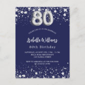 Invitation Carte Postale 80e anniversaire marine bleu argent étoiles (Devant)