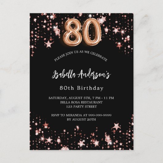 Invitation Carte Postale 80e anniversaire noir rose étoiles d'or (Devant)