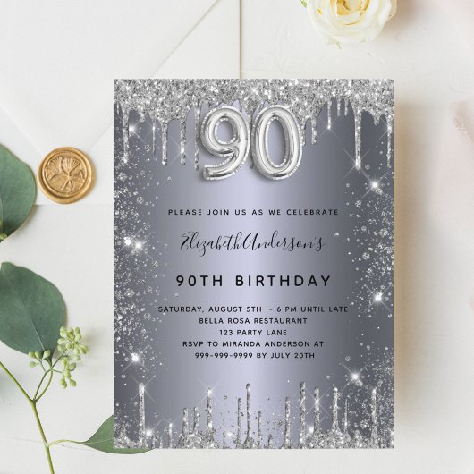 Invitation Carte Postale 90e anniversaire argent métal parties scintillant