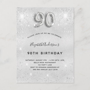 Invitation Carte Postale 90e anniversaire argent métal parties scintillant 