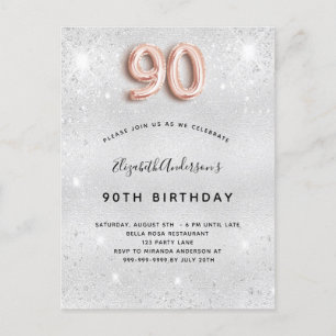 Invitation Carte Postale 90e anniversaire argent métal rose or parties scin